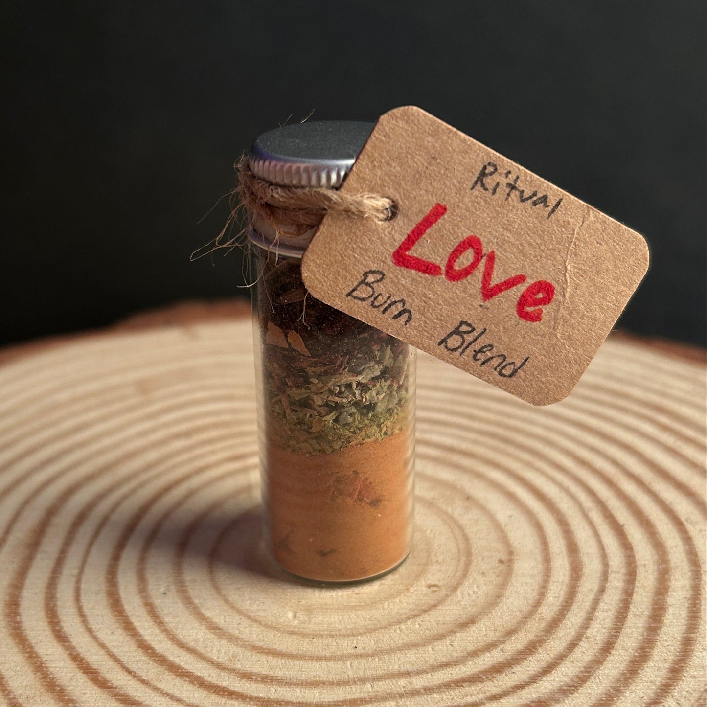 Small Glass Jar Filled With a Ritual Incense Burn Blend Labeled Love.