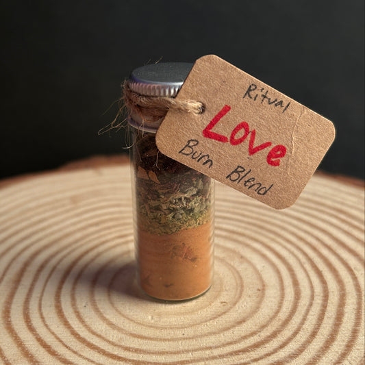 Small Glass Jar Filled With a Ritual Incense Burn Blend Labeled Love.