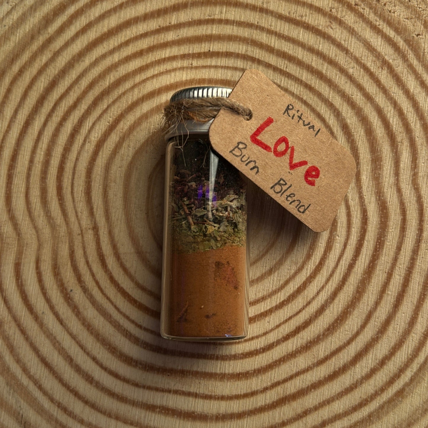 Small Glass Jar Filled With Ritual Incense Burn Blend Labeled Love.
