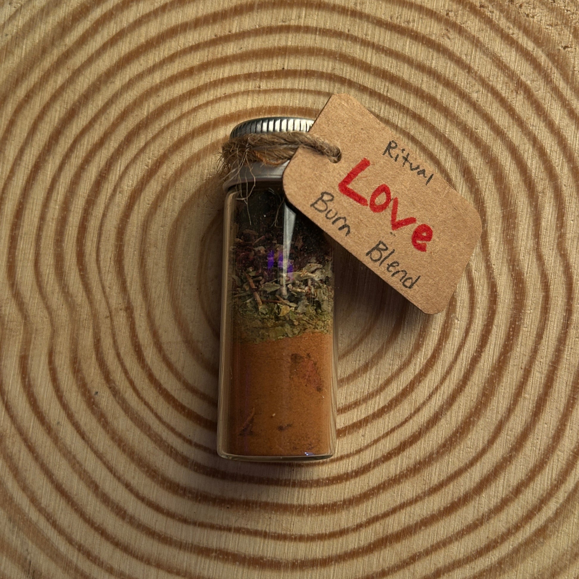 Small Glass Jar Filled With Ritual Incense Burn Blend Labeled Love.