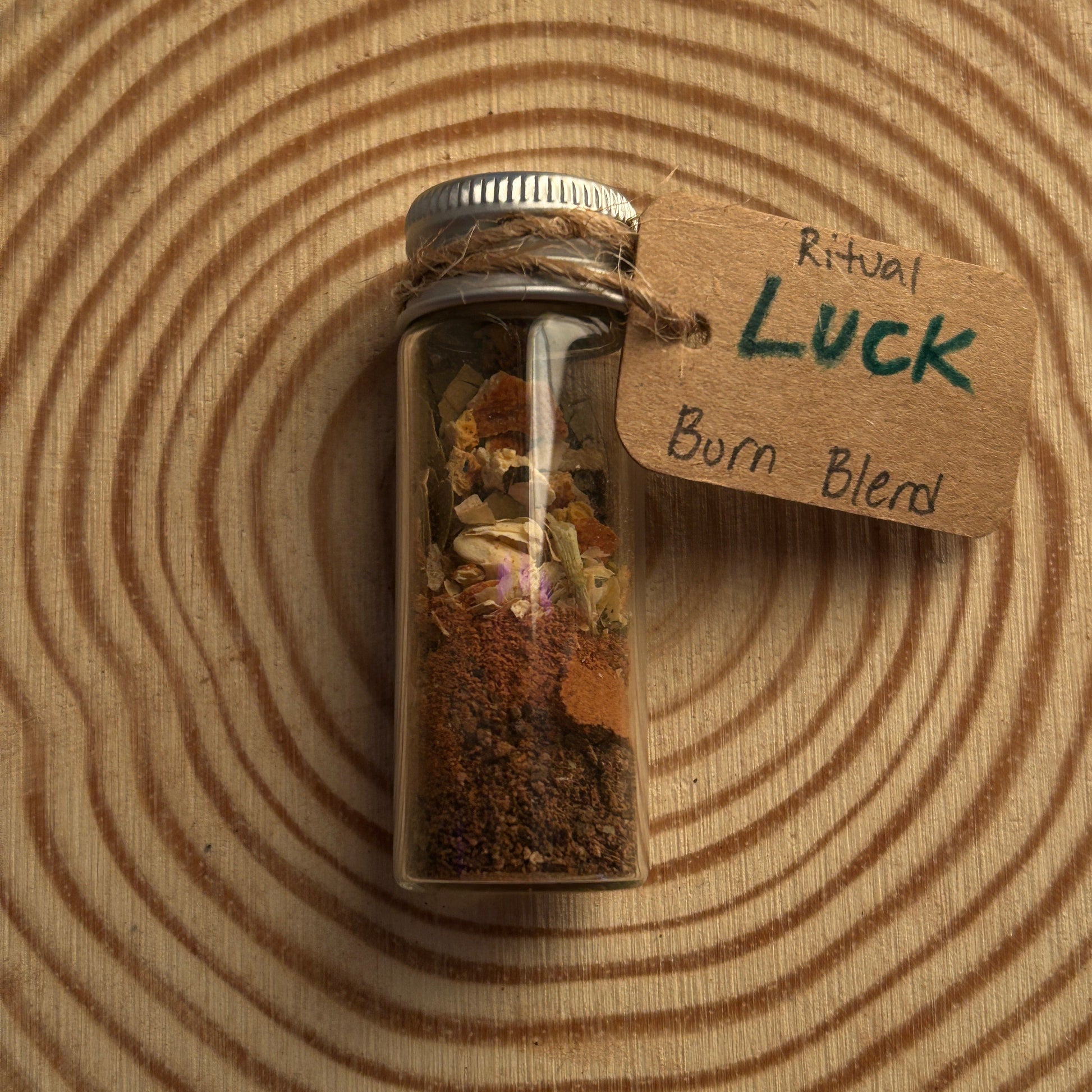 Small Glass Jar Filled With a Ritual Incense Burn Blend Labelled Luck.