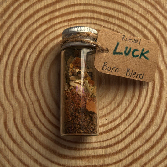 Small Glass Jar Filled With a Ritual Incense Burn Blend Labelled Luck.