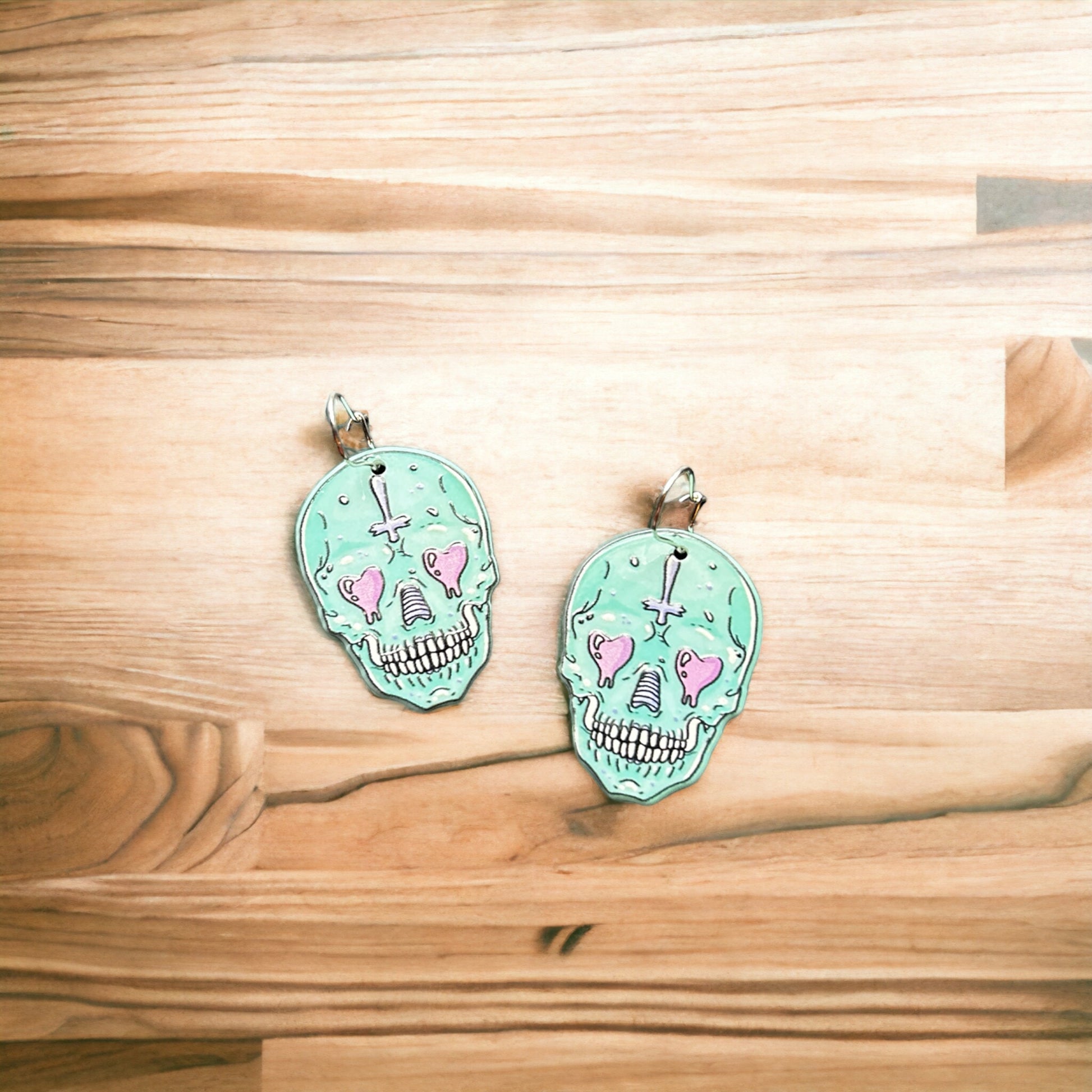 Pastel Pink and Green Skull Earrings with Lock backs